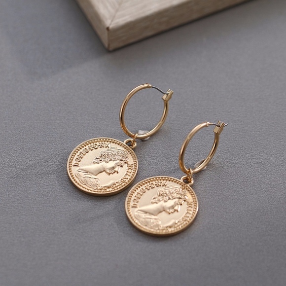 Coin Double Sided Two Pence Gold Hoop Earrings - Picture 6 of 7